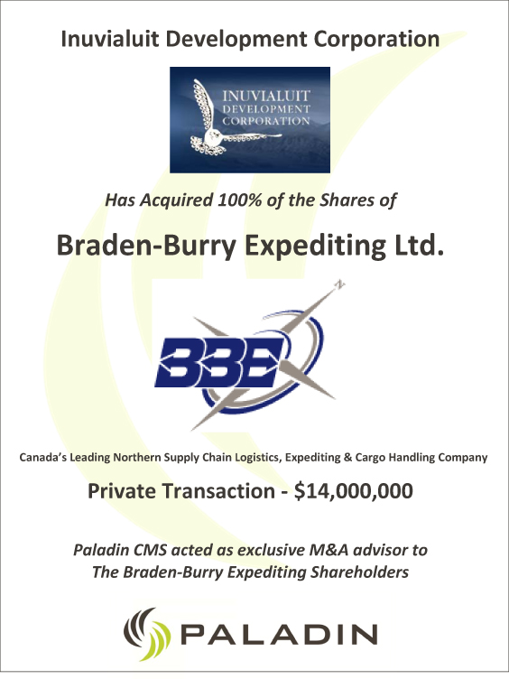 Paladin CMS exclusive M&A advisor to Braden-Burry Expediting shareholders 